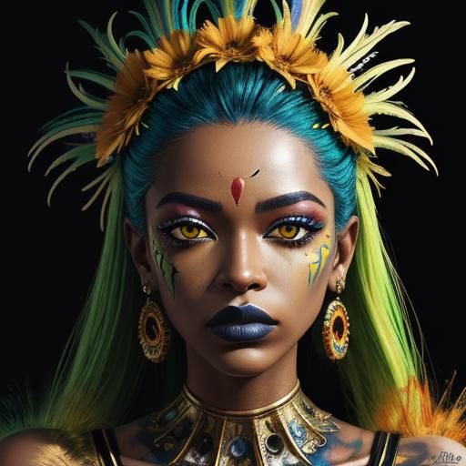 Golden Woman with Peacock Feathers, in Street Art Style