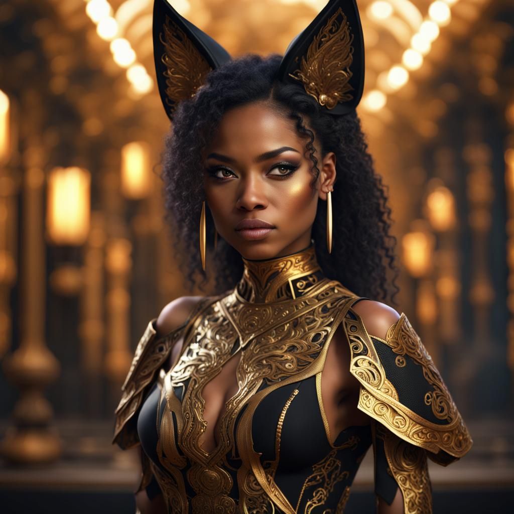 Kitsune Teen in Gold Dress, Detailed Digital Painting