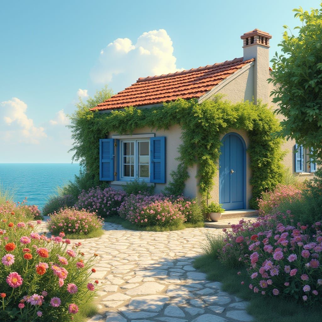 Idyllic Seaside Cottage in Greece: Photorealistic Summer Day