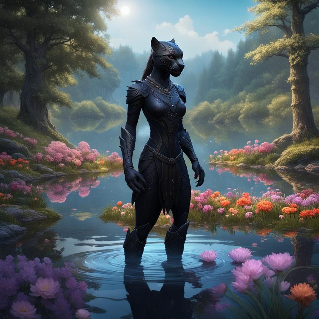 Dark Panther Humanoid in a Fantasy Forest