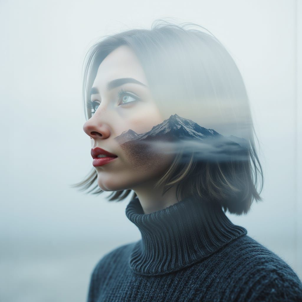 Double Exposure Portrait: Woman Merged with Mountain Landsca...
