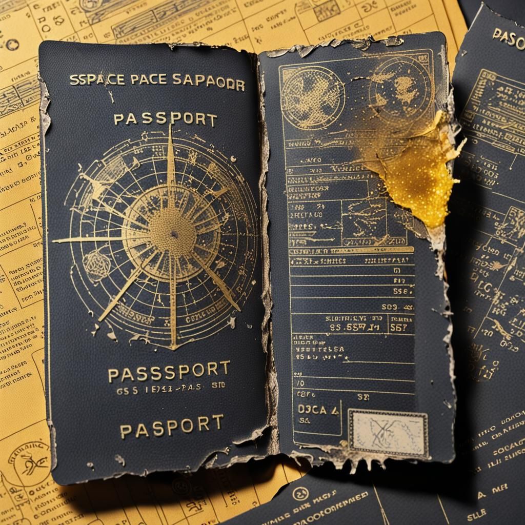 Worn Futuristic Space Passport with Travel Stamps