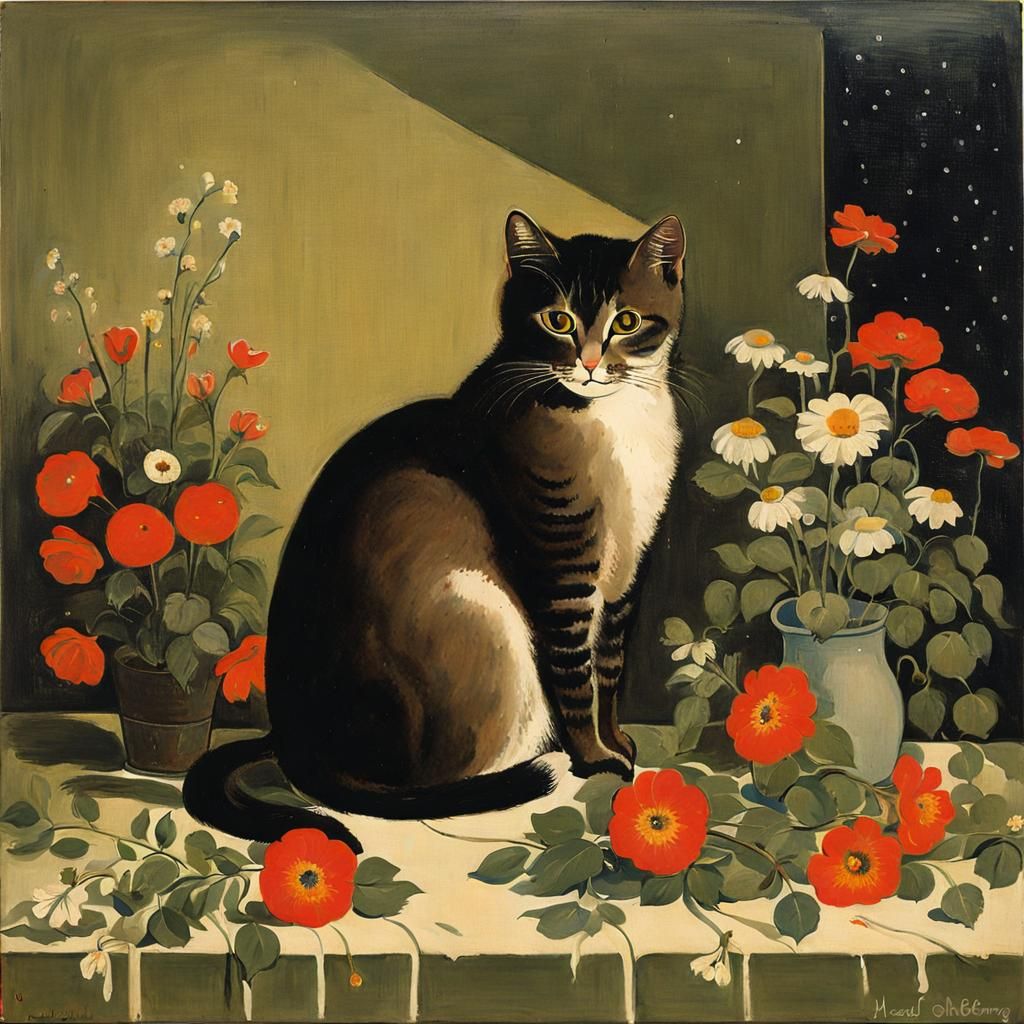 Cat on Pillow with Flowers in Neo-Romantic Style