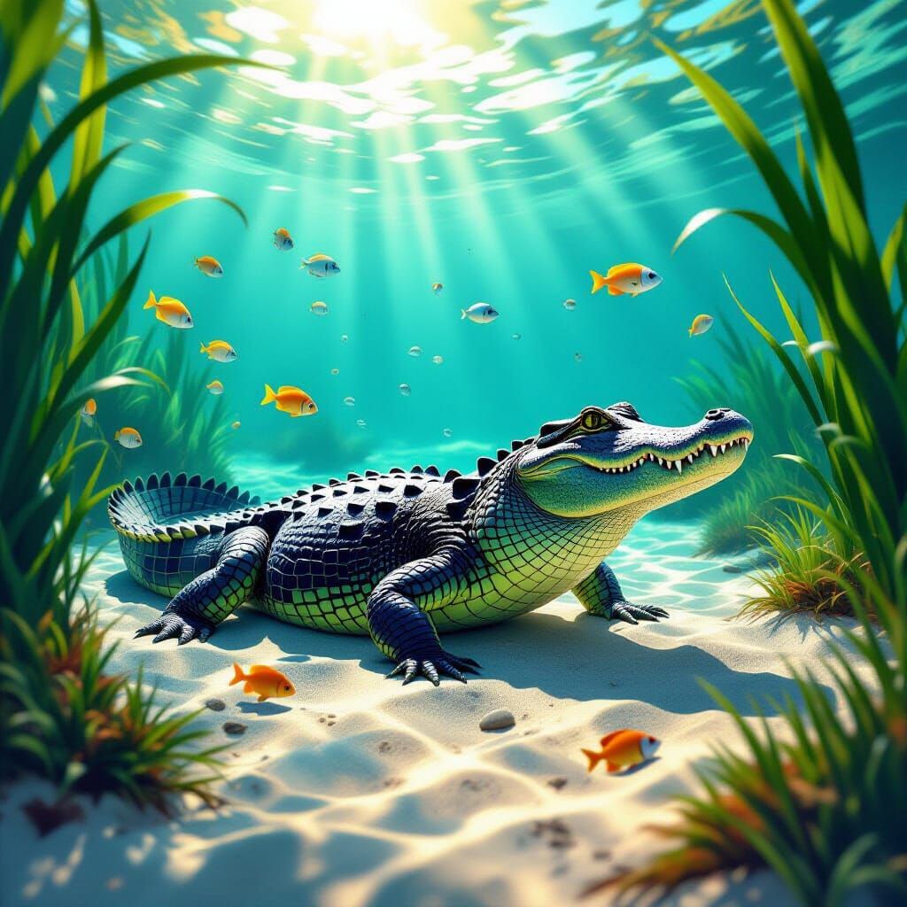Alligator in Crystal Waters: Hyperrealistic 3D Anime Art
