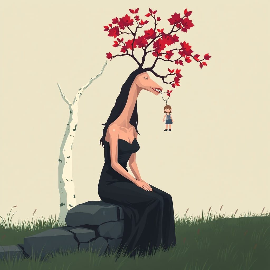 Ethereal Goddess Sits Among Crimson Trees