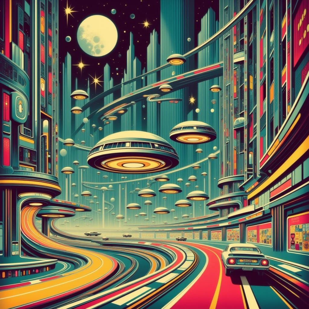 Retrofuturistic Metropolis in Cyberpunk Style