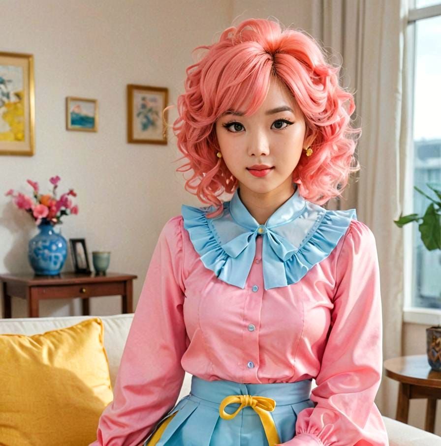 Anime Woman Cosplay in Living Room, Anime-Style Illustration