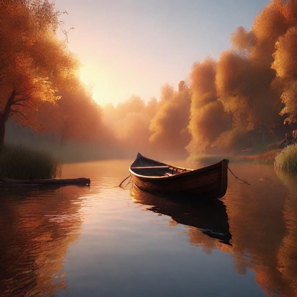 Medieval Forest River Boat at Sunrise in Disney Style