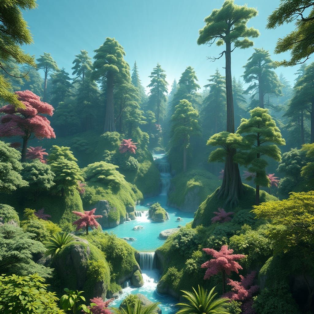 Lush Forest with Waterfalls in 3D Digital Art