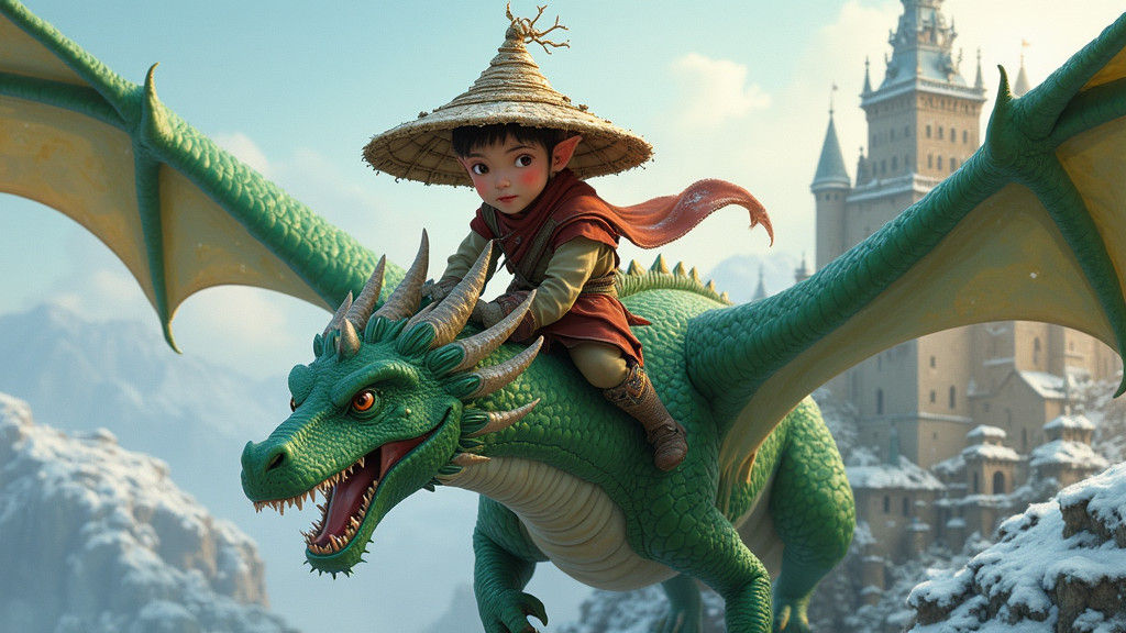 Halfling on Dragon Soaring Over Winter Castle