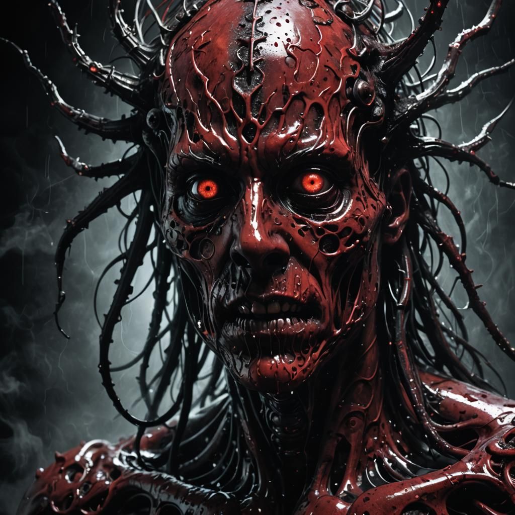 "Raw crystal crimson,meteorite (ungodly:1.3) parasite engulfs host; Flooding eyes & mind with (liquid:1.5) darkness of a...