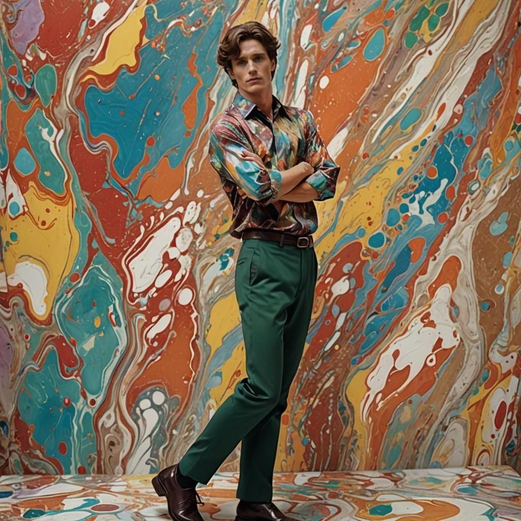 Model Man Leaning on Marbled Table in Triadic Colors