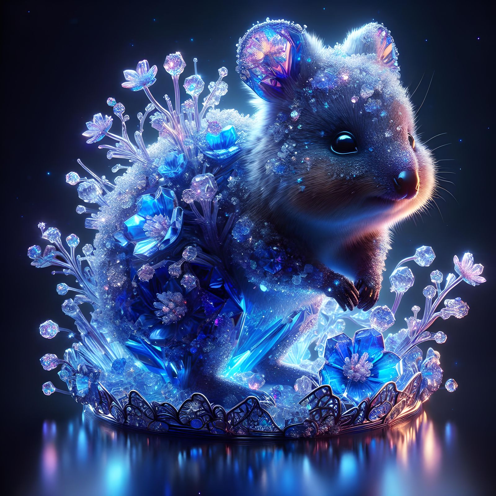 Sapphire Crystal Quokka with Bioluminescent Flowers