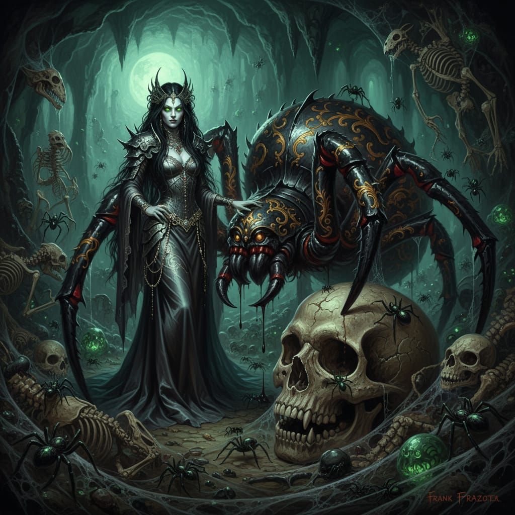 Spider Queen on Gothic Skull in Eerie Cave