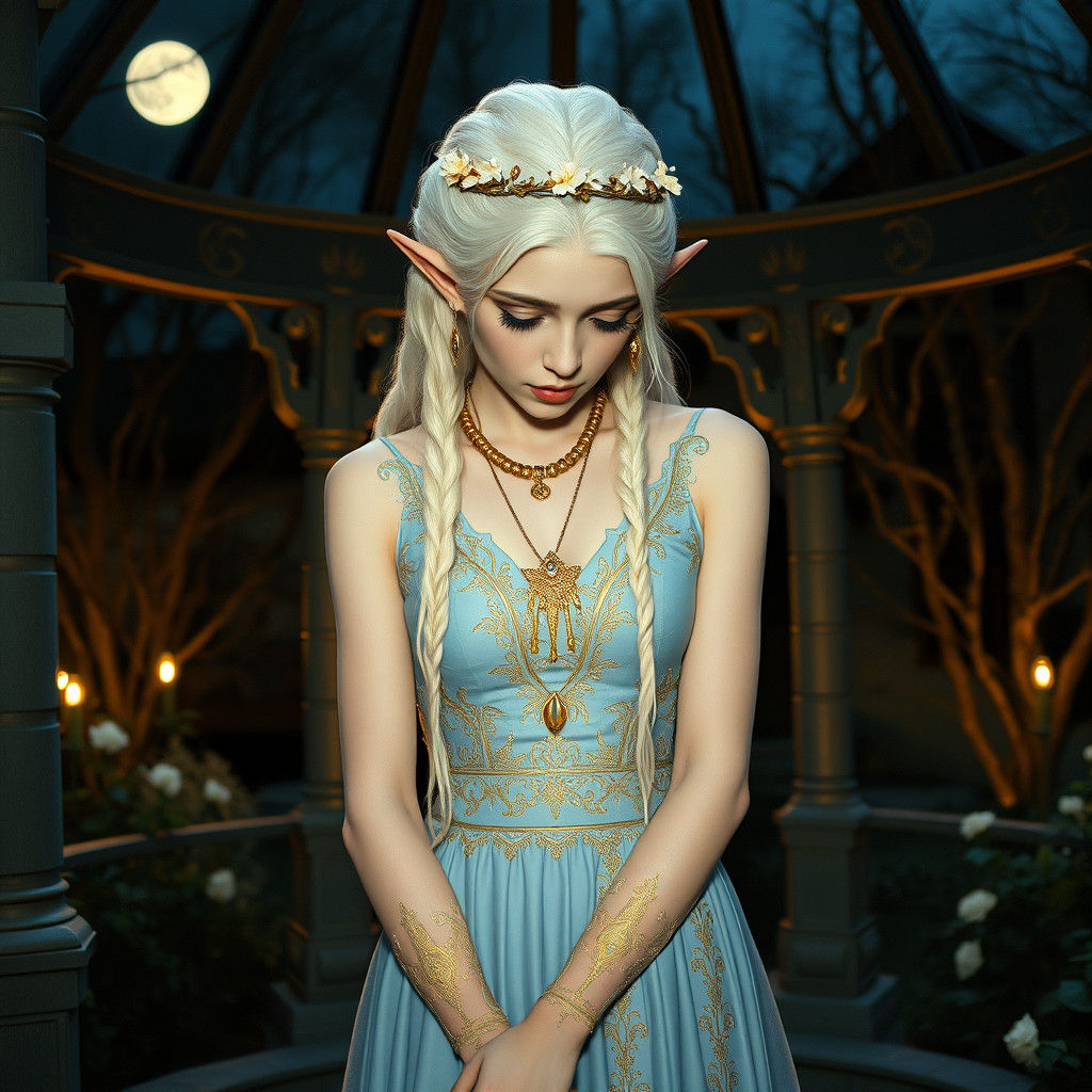 Melancholic Elven Princess in Moonlit Gazebo