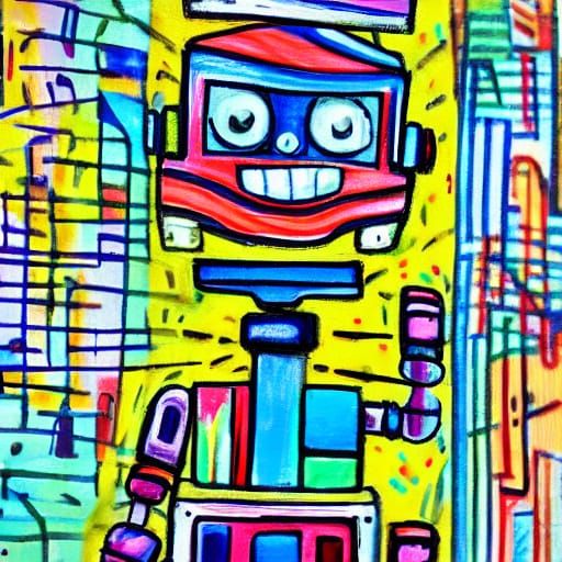 Playful Robot in Naive Art Style