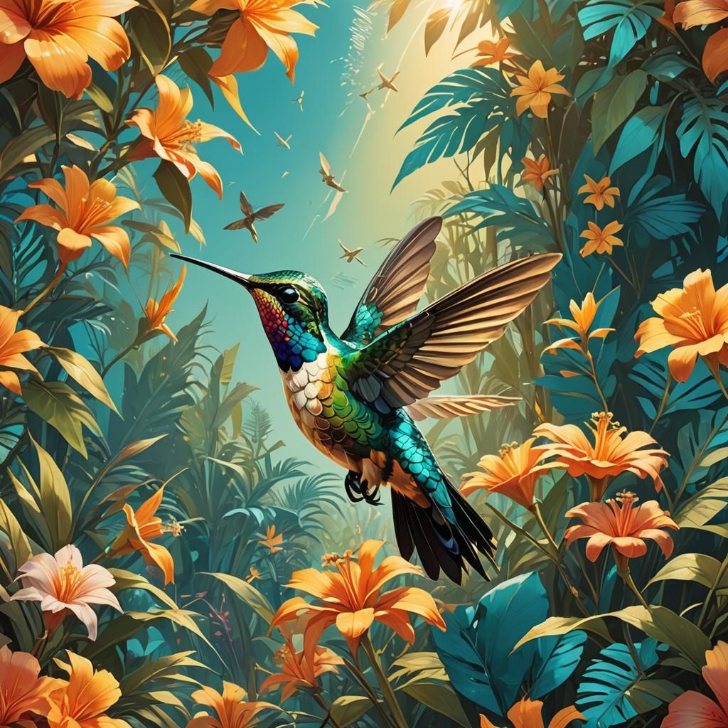 Hummingbird in Tropical Flowers: Retro Fantasy Art