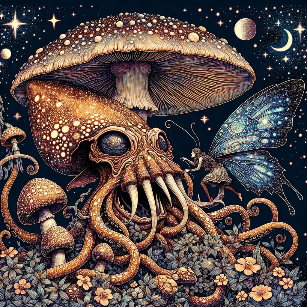 Monstrous Squid Devouring Fairy Under Mushroom