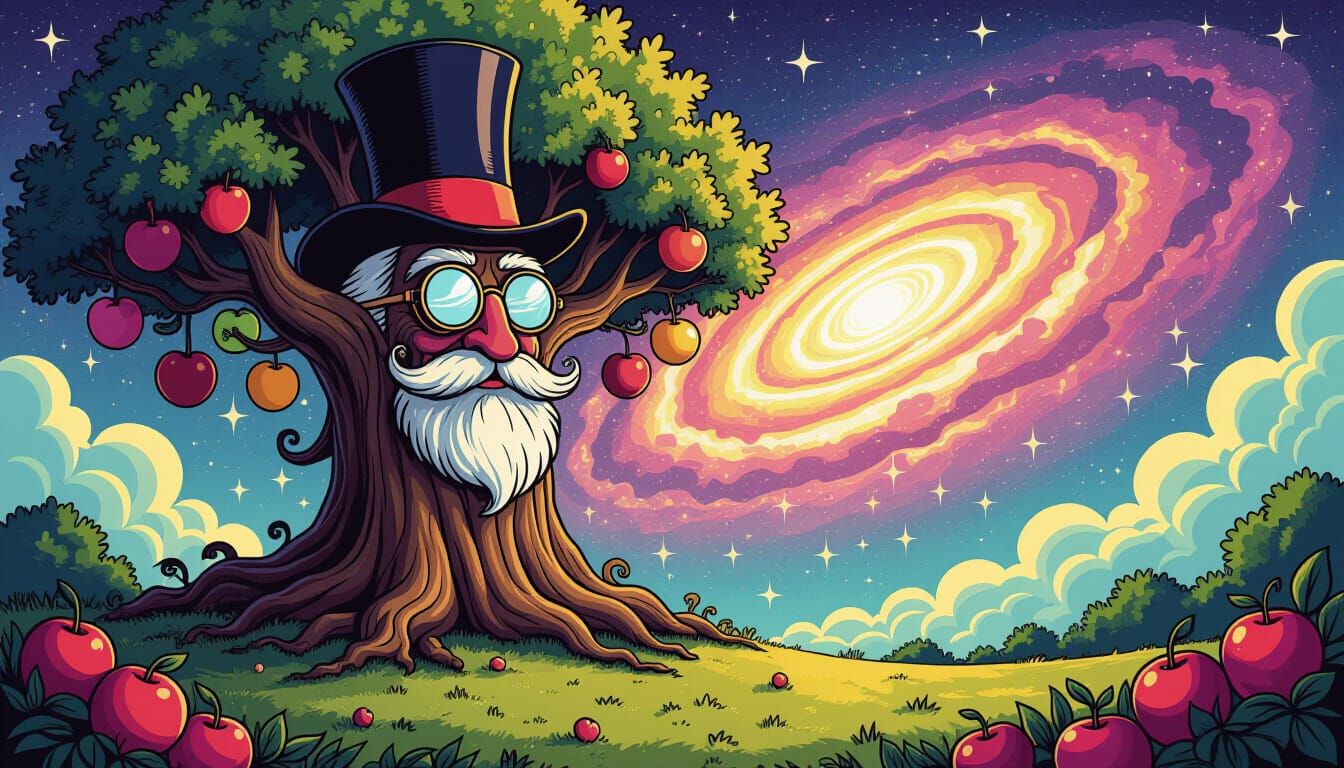 Sentient Cosmic Tree Harvest in Swirling Galaxy