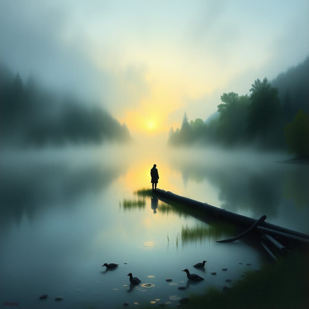 Misty Lake at Dawn: Atmospheric Landscape
