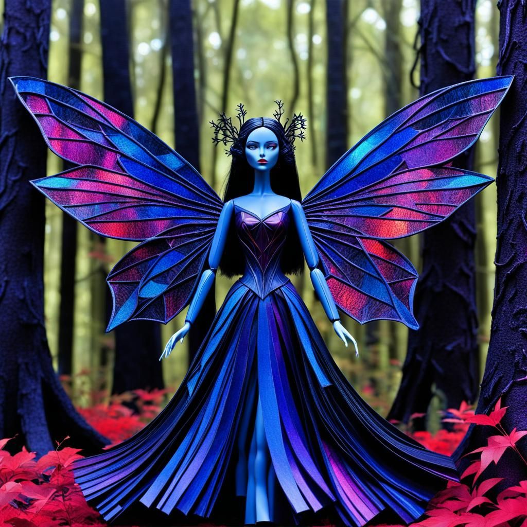 Gothic Doll with Cubist Trees and Fairy Wings