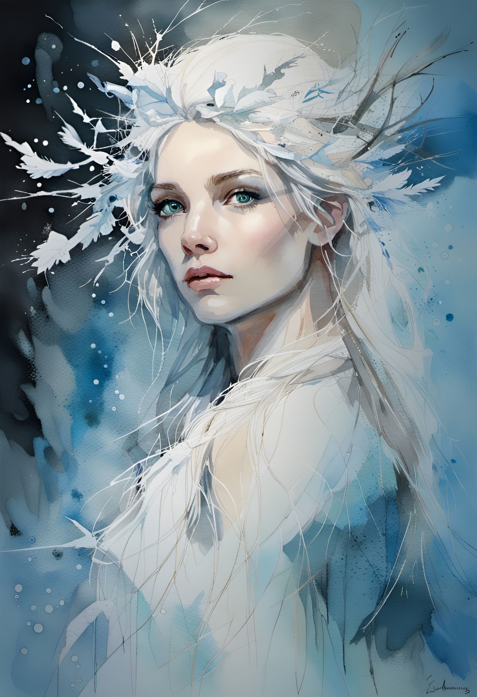 Snow Queen in Ice Blue Watercolor Painting