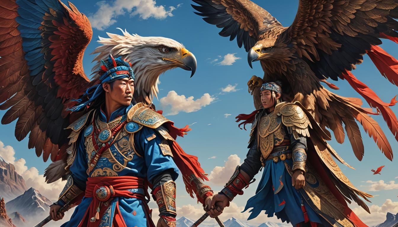 Mongolian Warrior with Eagle in Fantasy Setting