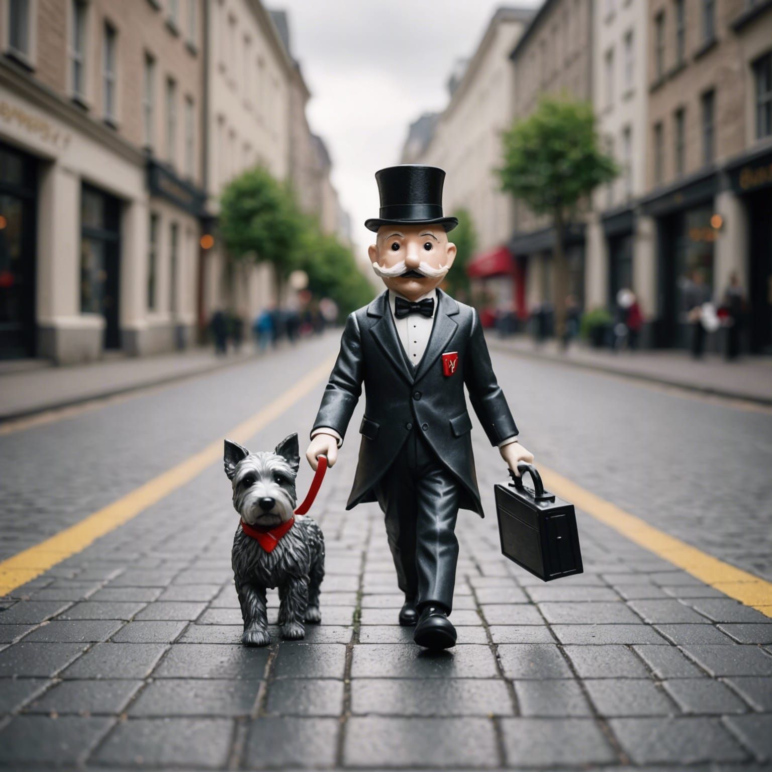 Macro Shot of Monopoly Man Walking His Dog