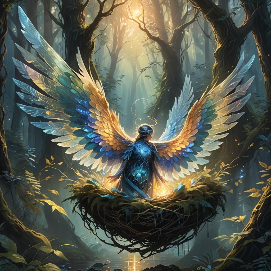 Fairy Emerges from Crystal Nest as Oil Painting