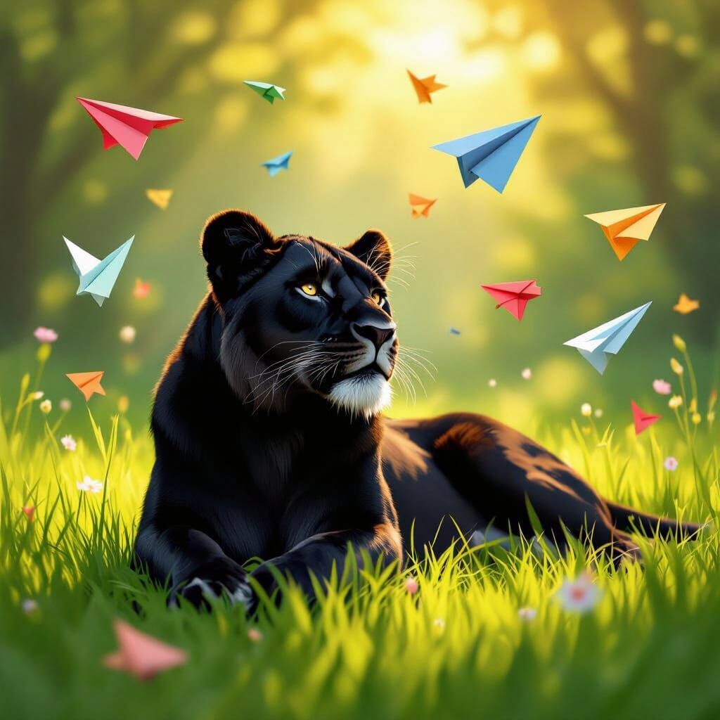 Black Lioness Resting in Sun Amidst Paper Airplanes