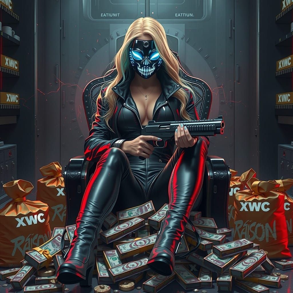 Cyberpunk Goddess Sits Amidst Wealthy Abundance