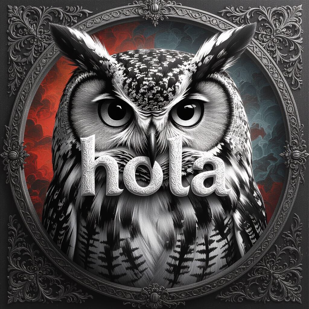 Detailed Owl Drawing with "Hola" Feathers
