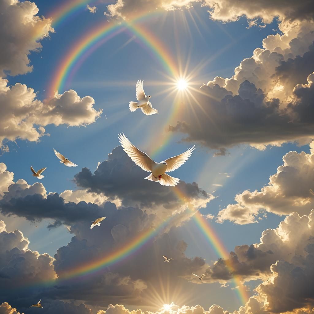 Heavenly Doves in Rainbow Sunshine