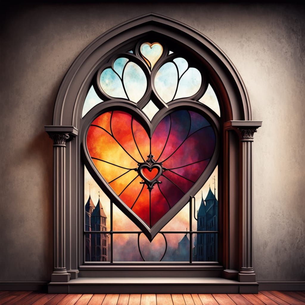 Antique Gothic Stained Glass Masterpiece with Heart-Shaped W...