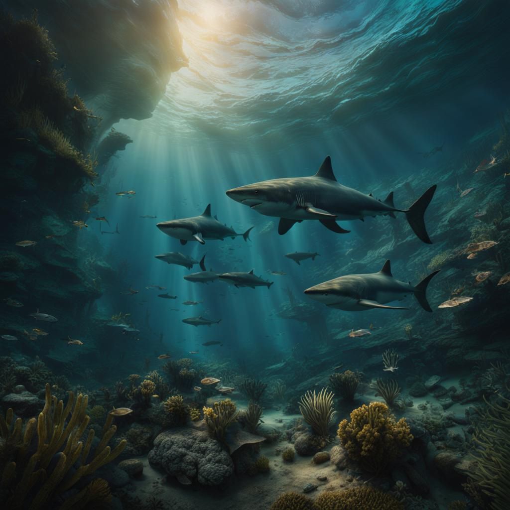 Cretaceous Sea Sharks in Digital Matte Painting