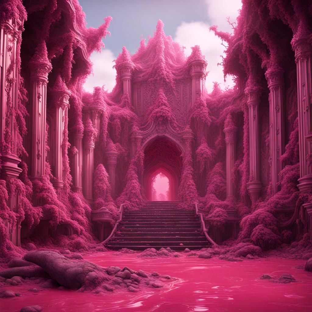 Decaying Figure in a Fantastical Pink World