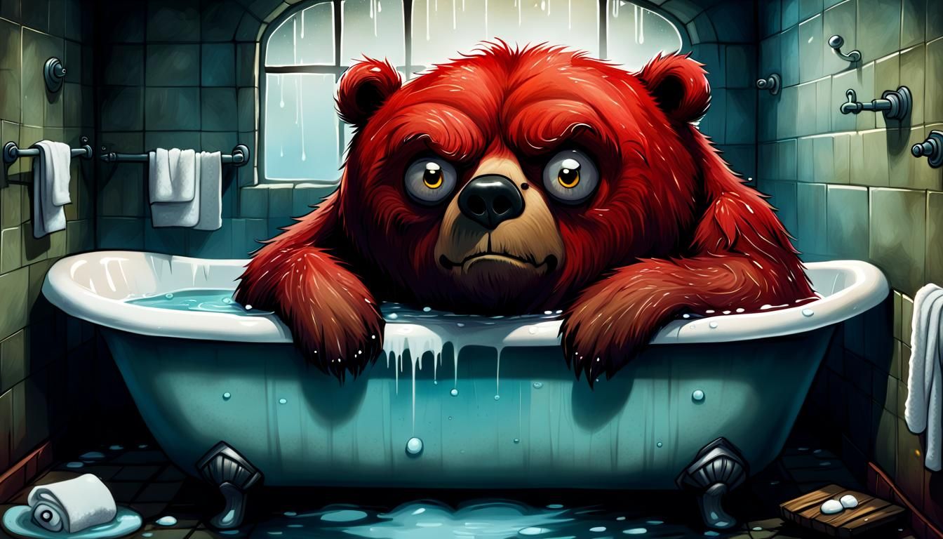 Grumpy Red Bear in a Bathtub Story Illustration