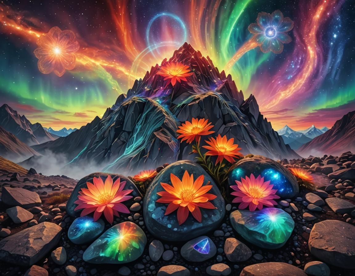 Cosmic Stone Mountain with Iridescent Flowers