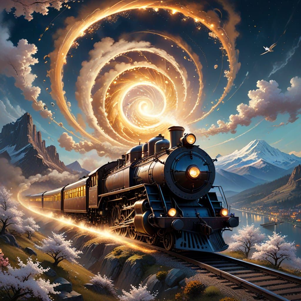 Golden Steam Train Flies Through Cosmic Vortex