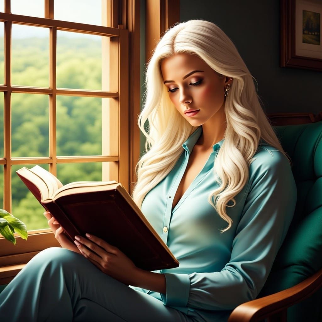 Woman Reading by Window in Photorealistic Style