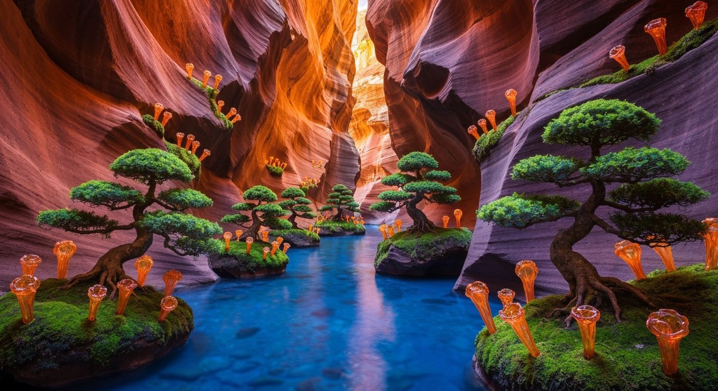 Vibrant Antelope Canyon with Moss, Bonsai, and Glass Flowers...