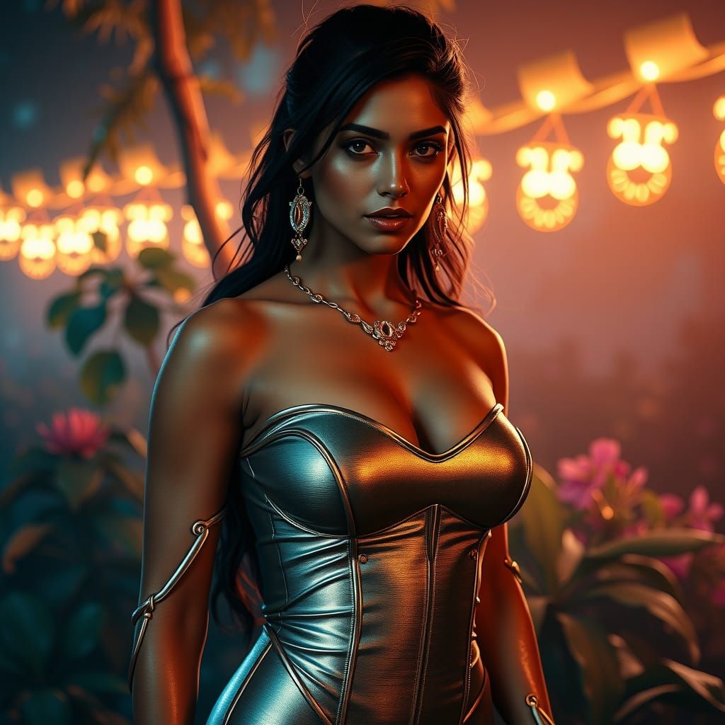 Indian Supermodel in Metallic Dress, Futuristic Realism