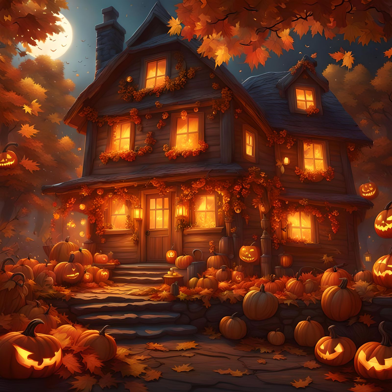 Autumn Cottage Scene with Golden Leaves