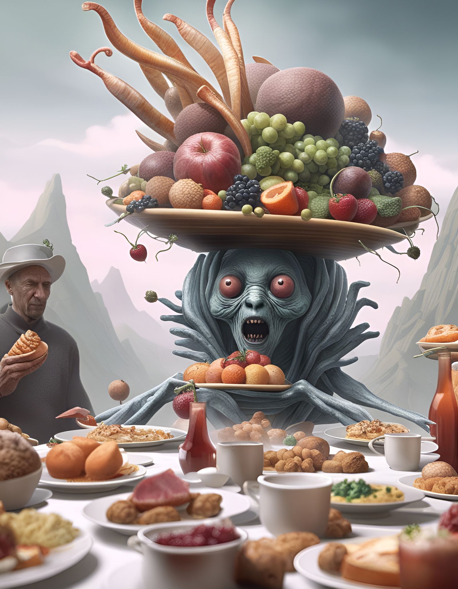 Bizarre Feast of Futuristic Beings, Hyperrealistic Detail