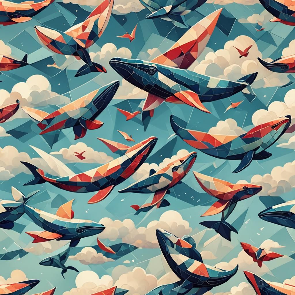 Winged Whales Soaring in Dreamy Sky: Cubist Art