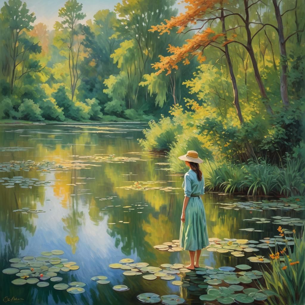 Impressionist Woman by Lake in Golden Light