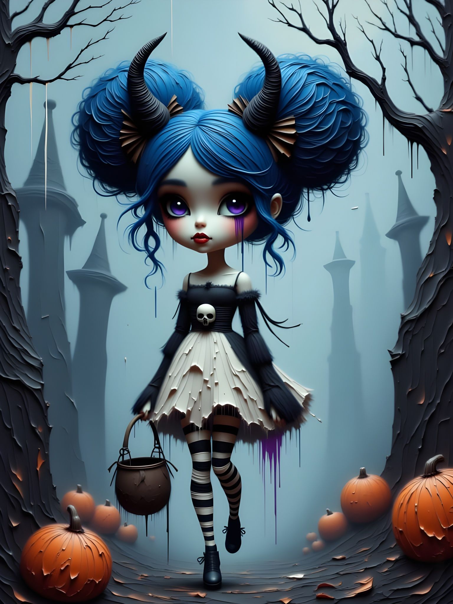 Halloween Character with Twisted Horns and Blue Afro