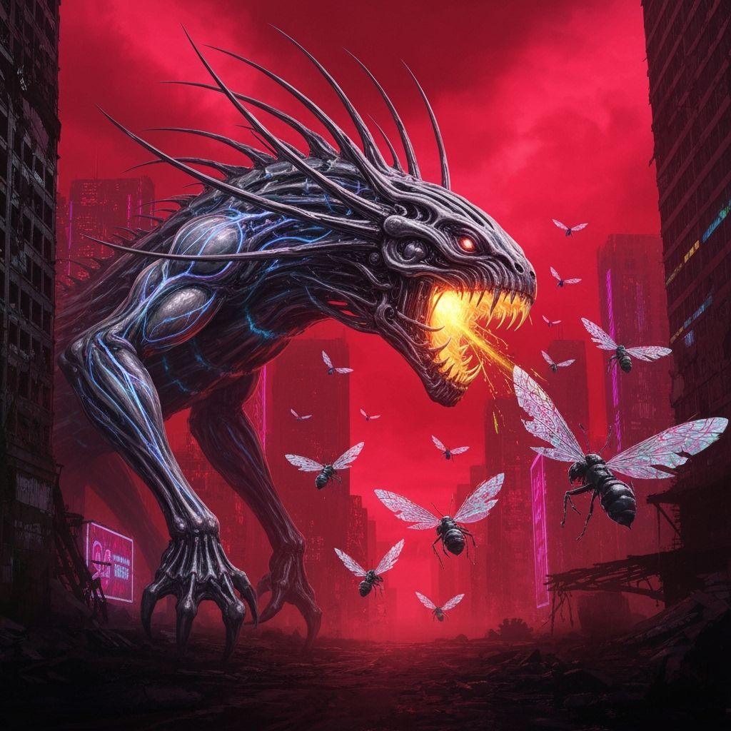 Biomechanical Beast Erupts from Cyberpunk Cityscape