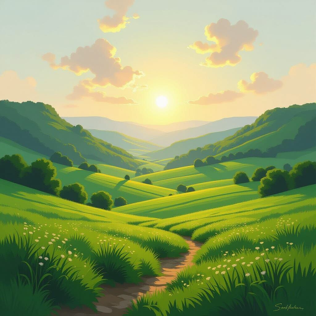 Green Valley Bathed in Light: Impressionist Mystical Landsca...