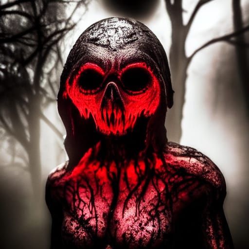 Eerie Figure in Dark Surrealism with Glowing Eyes